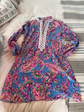 Lilly Pulitzer Blue Paisley Long-Sleeve Tunic Dress with White Trim